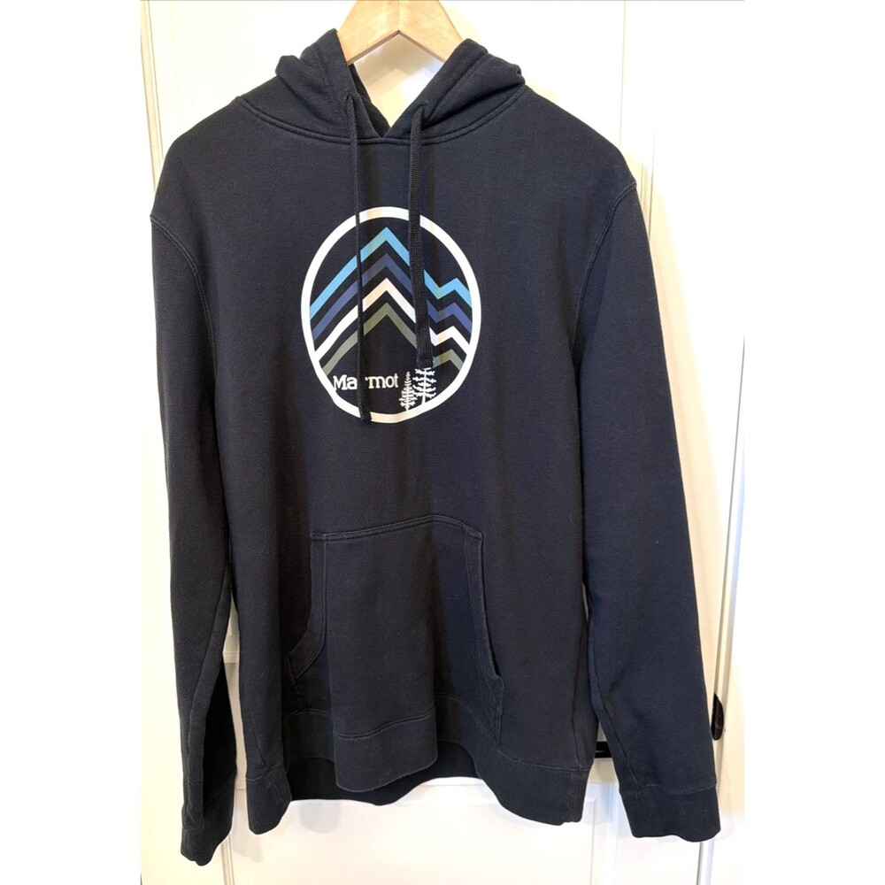 Marmot Hoodie Black Graphic Logo Pullover Fleece Hooded Men L Grunge Outdoors
